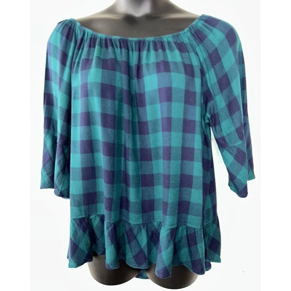 Westbound Woman Sz 1X Lightweight Flannel Pullover Shirt Blue Green Plaid EUC